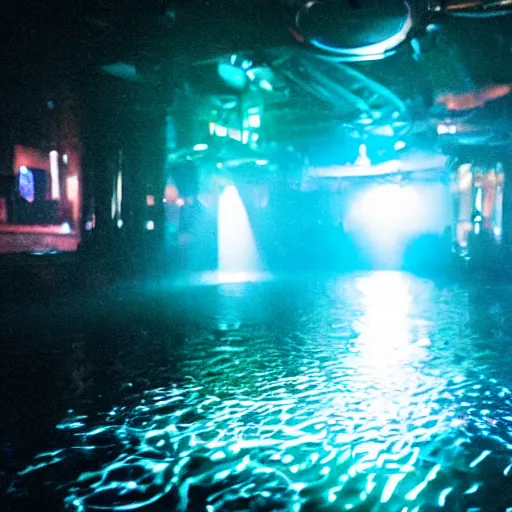 Prompt: empty nightclub dark night water mess