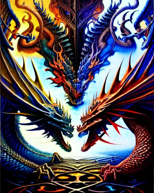 Image similar to a fire and ice dragon, facing each other fantasy drawing made of fractals, ultra realistic, wide angle, intricate details, the fifth element artifacts, highly detailed by peter mohrbacher, hajime sorayama, wayne barlowe, boris vallejo, aaron horkey, gaston bussiere, craig mullins