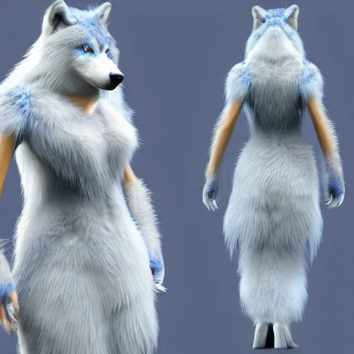 Image similar to 3 d render, well toned, large and tall, female anthropomorphic wolf, blue fur and scales with white spots and wings on her back, icey blue dress, furr covering her chest.