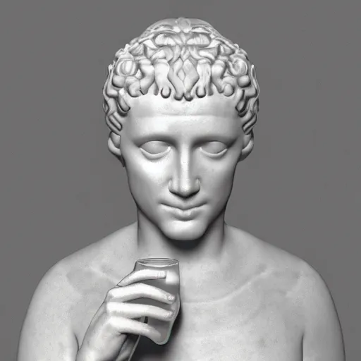 Image similar to a 3 d model of a white marble human head in a renaissance style holding a coctail, digital illustration, 3 d render, above the waist