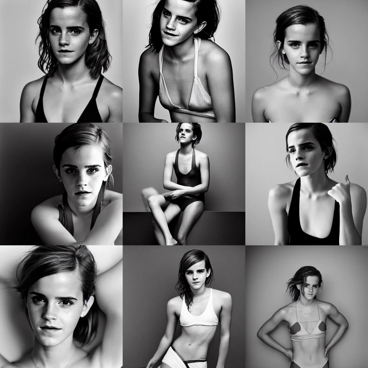 Prompt: Photo of Emma Watson in swimsuit, soft studio lighting, photo taken by Vivian Maier for Abercrombie and Fitch, award-winning photograph, 24mm f/1.4