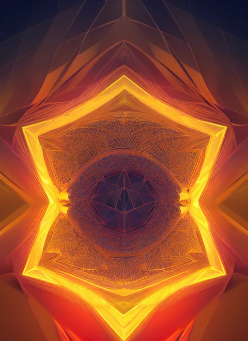 Image similar to geometric fractal, vray, sun flare, symmetrical and intricate, digital painting, trending on artstation, cgsociety, concept art, smooth, sharp focus, cinematic, poster art, concept art, technicolor, ray tracing ambient occlusion