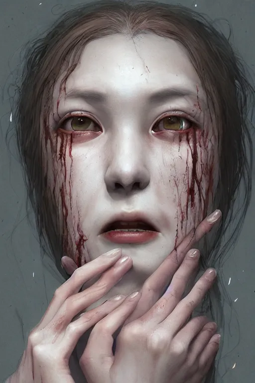 Image similar to breathtaking detailed horror painting of creepy crying woman , with anxious, piercing eyes, art by Hsiao-Ron Cheng, Ja Miyazaki, dramatic lightning, hyperrealistic, octane render, ambient light, dynamic lighting