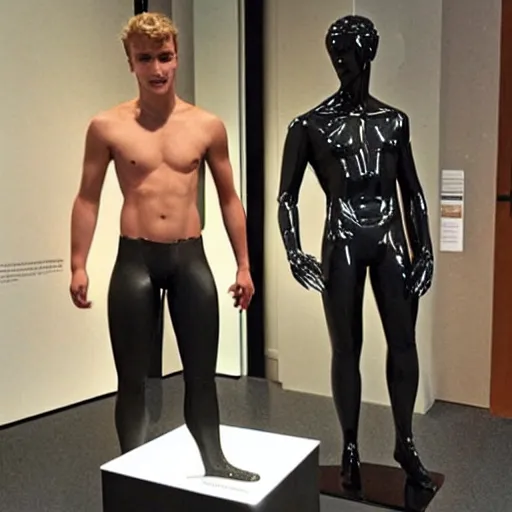 Image similar to “a realistic detailed photo of a guy who is an attractive humanoid who is half robot and half humanoid, who is a male android, British diver Jack Laugher & Chris Mears, shiny skin, posing like a statue, blank stare, at the museum, on display”