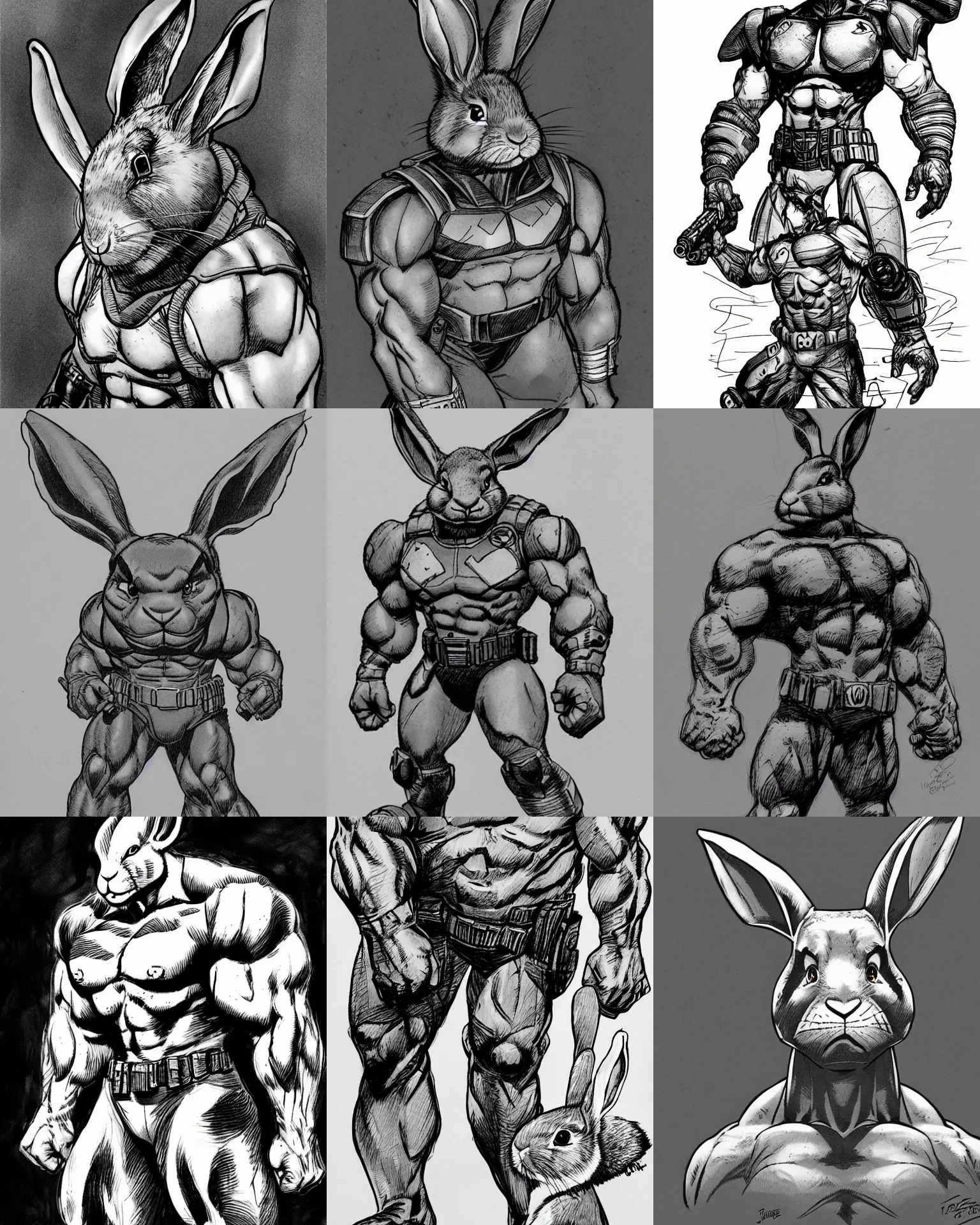 Prompt: rabbit!!! jim lee!!! medium shot!! flat grayscale ink sketch by jim lee close up in the style of jim lee, depressed dramatic bicep pose, swat soldier armor borderlands hulk rabbit animal looks at the camera by jim lee