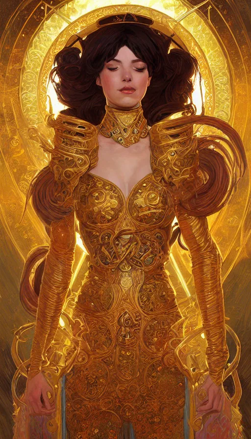 Image similar to aries fiery ram tarot, holy light, intricate armor, elegant, highly detailed, digital painting, artstation, concept art, smooth, sharp, focus, illustration, art by artgerm , james jean, gustav klimt, greg rutkowski, and alphonse mucha