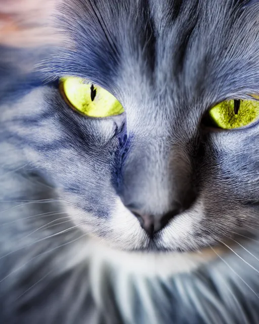 Prompt: An extremely beautiful studio photo of a blue Maine Coon cat (it\'s a cat but it\'s bright blue), bokeh, 90mm, f/1.4