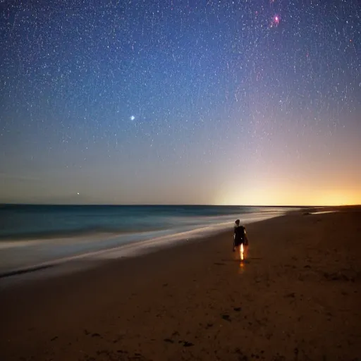 Prompt: meteor shower while walking dog on beach