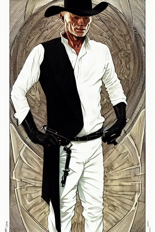 Image similar to ed harris as the man in black, westworld, wearing an all white outfit in the style of art by artgerm and greg rutkowski and alphonse mucha