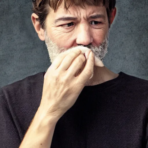 Prompt: a masterpiece portrait photo of an older man biting nails, mary elizabeth winstead symmetrical face