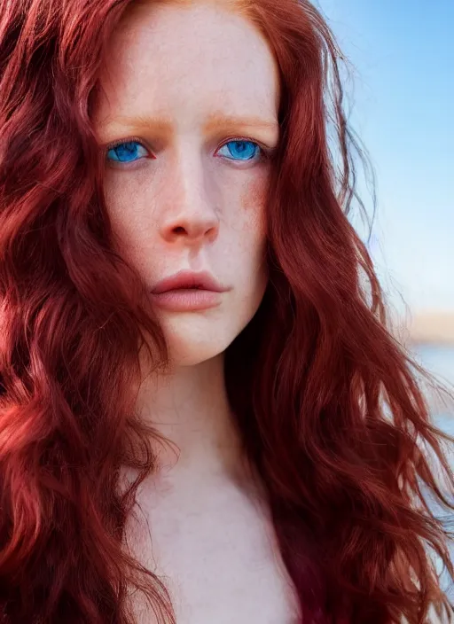 Image similar to close up portrait photograph of a thin young redhead woman with russian descent, sunbathed skin, with deep blue eyes. Wavy long maroon colored hair. she looks directly at the camera. Slightly open mouth, face takes up half of the photo. a park visible in the background. 55mm nikon. Intricate. Very detailed 8k texture. Sharp. Cinematic post-processing. Award winning portrait photography. Sharp eyes.