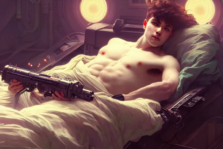 Image similar to ultra realistic, beautiful male plugged into the internet, laying in bed, sci - fi, intricate details, eerie, highly detailed, octane render, 8 k, art by artgerm and alphonse mucha and greg rutkowski