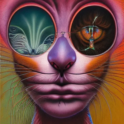 Image similar to a cat having an ego trip, by alex grey, by Esao Andrews and Karol Bak and Zdzislaw Beksinski and Zdzisław Beksiński, trending on ArtStation