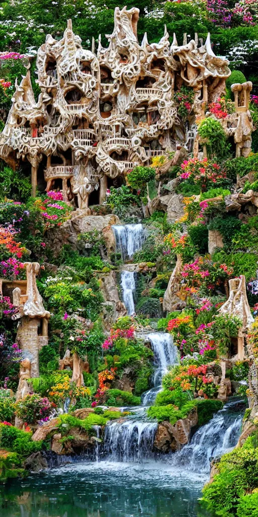 Image similar to valley village on the lake, waterfalls, flowers and intricate detailed visionary architecture and gardens by antoni gaudi, john stephens, alex gray