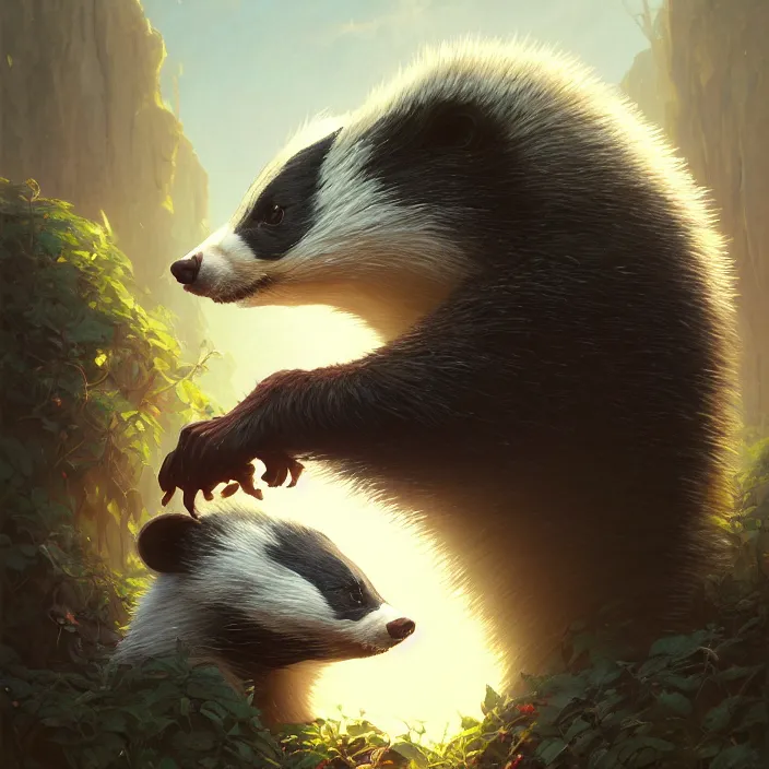 Image similar to highly detailed portrait of a cute badger, unreal engine, fantasy art by greg rutkowski, loish, rhads, ferdinand knab, makoto shinkai and lois van baarle, ilya kuvshinov, rossdraws, tom bagshaw, alphonse mucha, global illumination, radiant light, detailed and intricate environment