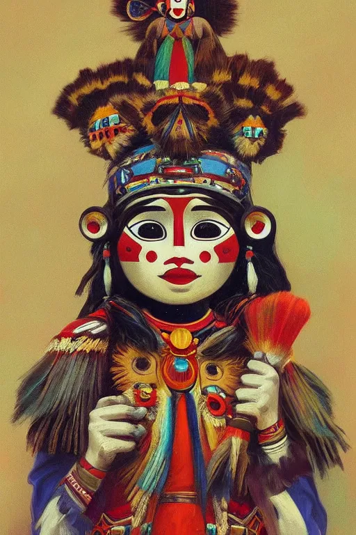 Image similar to A beautiful painting of Hopi kachina dolls, symmetrical features, cinematic lighting, soft bokeh, fantasy, modern, colourful, highly detailed, digital painting, artstation, deviantart, concept art, sharp focus, illustration, by alphonse mucha