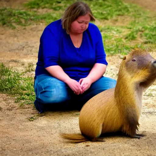 Prompt: woman praying to a capybara that is sitting on a pedastal