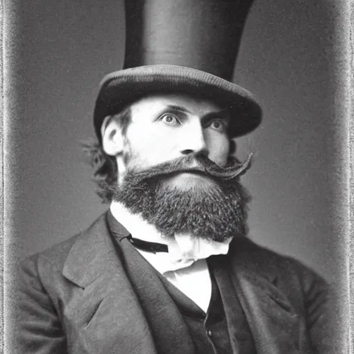 Image similar to A photograph portrait of Jerma985 in the mid-late 1800s with a top hat and beard, taken in the mid-late 1800s, grainy, taken on a Field View Camera, realistic, hyperrealistic, very realistic, highly detailed, very detailed, extremely detailed, detailed, digital art, trending on artstation