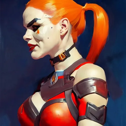 Image similar to greg manchess portrait painting of armored harley quinn as overwatch character, medium shot, asymmetrical, profile picture, organic painting, sunny day, matte painting, bold shapes, hard edges, street art, trending on artstation, by huang guangjian and gil elvgren and sachin teng