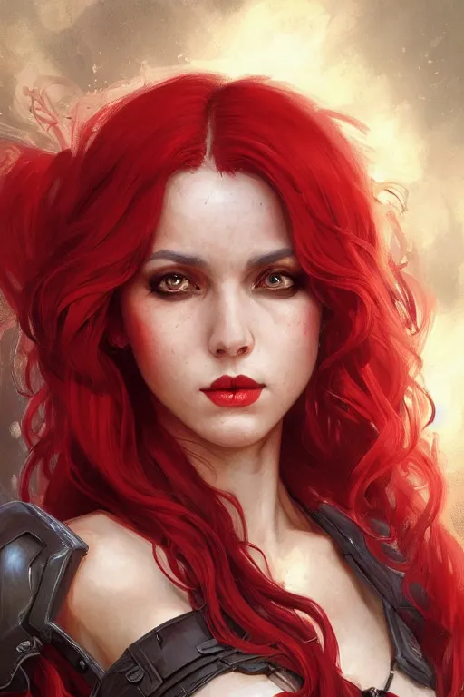 Image similar to portrait of a girl wearing deadpool costumes, upper body, red hair, long hair, d & d, fantasy, fierce, sharp features, intricate, elegant, highly detailed, digital painting, artstation, concept art, matte, sharp focus, illustration, art by artgerm and greg rutkowski and alphonse mucha