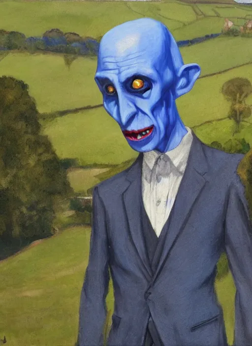 Prompt: upper body portrait of blue-faced nosferatu in a suit, english countryside in the background, sunny day, by dean cornwell