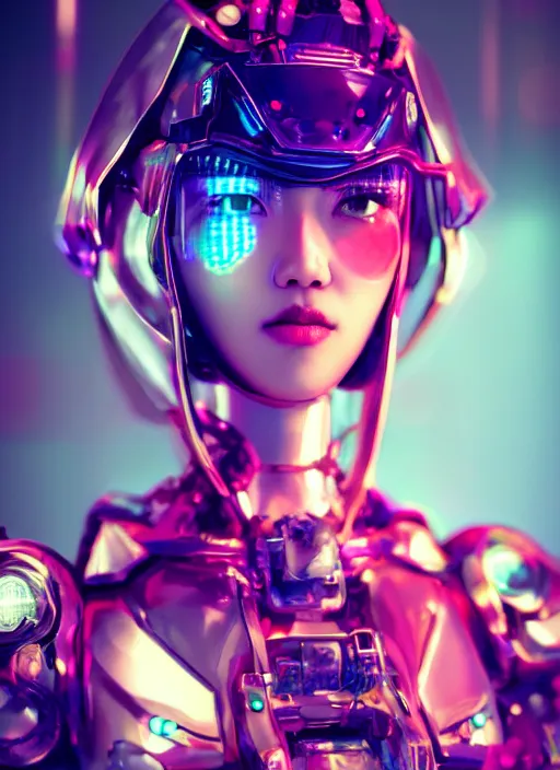 Prompt: a highly detailed portrait of a kpop idol mecha lady in spiked cyberpunk bioarmor trending on artstation by yoshitake amano, holographic undertones, 3 d cg, octane rendered, highly saturated colors, futuristic, 2 k aesthetic, dramatic lighting, 4 k