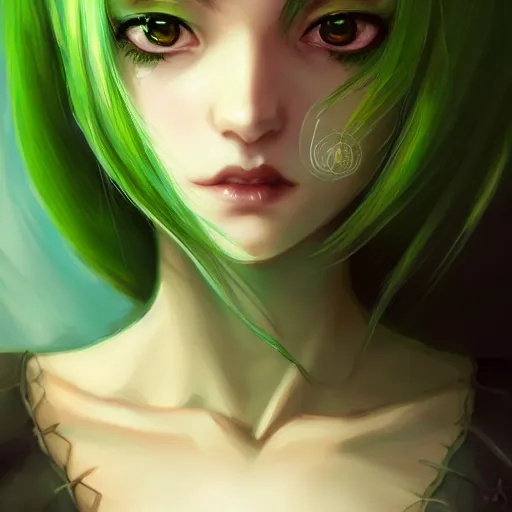 Prompt: facial portrait of a young pretty anime woman, green hair, dark eyes, gothic eyeliner, headshot, Charlie Bowater, Anna Dittmann, WLOP, Rumiko Takahashi, Akihiko Yoshida, Hyung-tae Kim, alexander mcqueen, trending on Artstation