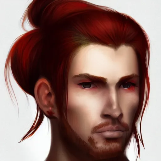 Prompt: portrait, 30 years old man :: fantasy :: red hair ponytail :: left burn scars :: high detail, digital art, RPG, concept art, illustration, Deviantart