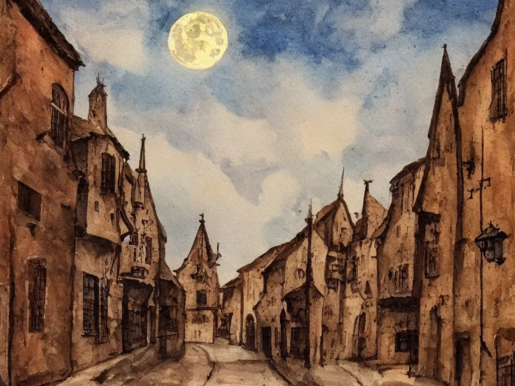 Image similar to moonlit medieval city street, moon covered with long horizontal clouds, natural colors, medieval painting