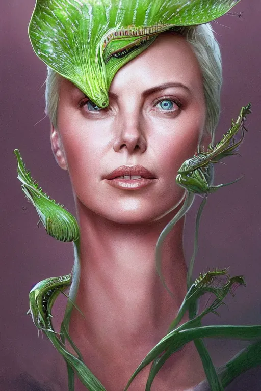 Image similar to Portrait of Venus flytrap with face of Charlize Theron, intricate, highly detailed, smooth, artstation, digital illustration by Ruan Jia and Mandy Jurgens and Artgerm and Wayne Barlowe and Greg Rutkowski and Zdislav Beksinski