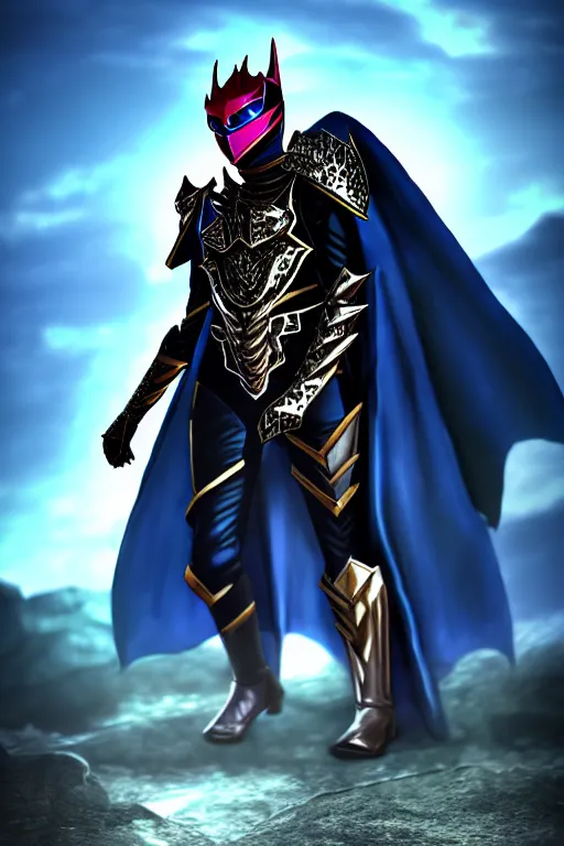 Prompt: High Fantasy Kamen Rider with a flowing cape, single character full body, 4k, rock quarry location, daytime, glowing eyes, rubber suit, dark blue segmented armor, fantasy inspired segmented dragon armor, ultra realistic, high quality, cinematic, centered, cinematography