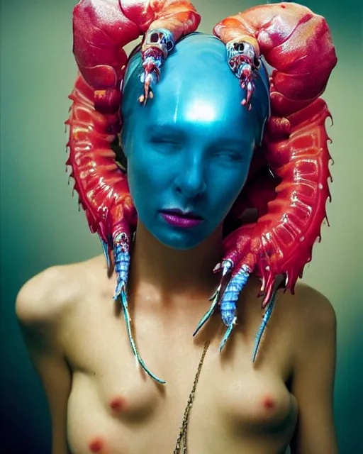 Image similar to natural light, soft focus portrait of a cyberpunk anthropomorphic shrimp with soft synthetic pink skin, blue bioluminescent plastics, smooth shiny metal, elaborate ornate head piece, piercings, skin textures, by annie leibovitz, paul lehr