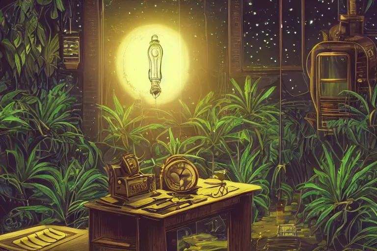 Prompt: Small desk at night with desklamp inside a steampunk machine room with lush vegetation growing around the machines, tropical trees, large leaves, flowers, beautiful starry night sky showing thought the windows, beatifully lit, vintage science fiction illustration
