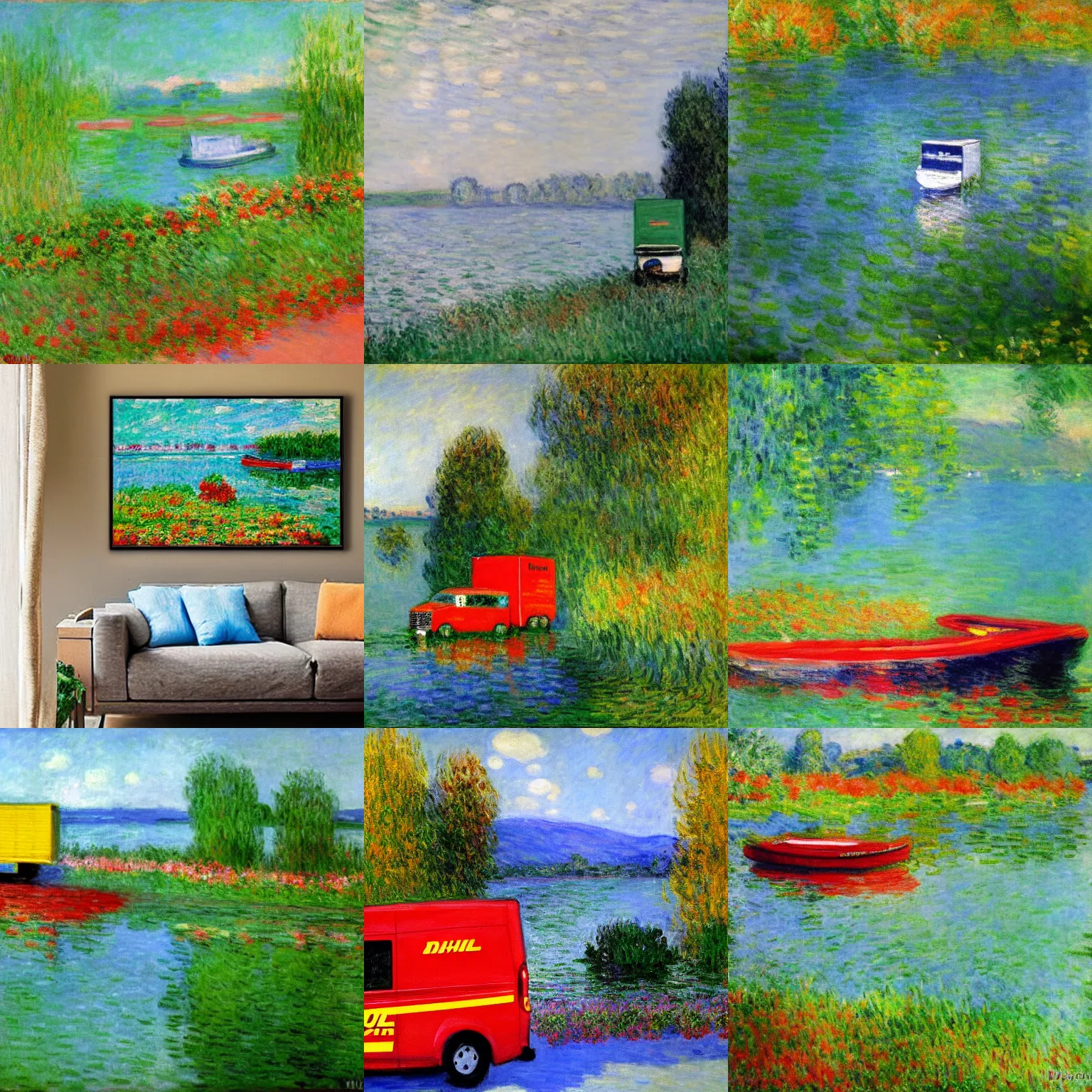 Prompt: DHL delivery van and the lake, painting by Monet