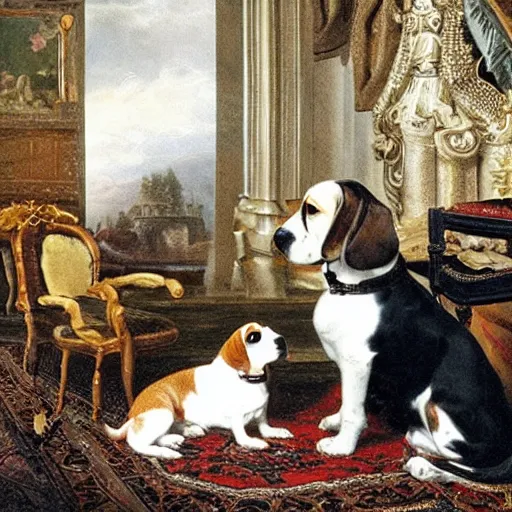 Prompt: a beagle meeting queen victoria