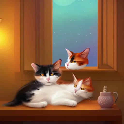 Prompt: two cute calico cats sleeping inside a cozy home in the evening, two multi - colored calico cats, artstation, cgsociety, storybook art
