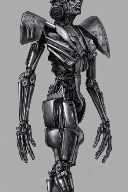 Prompt: a female transformer with gunmetal grey skin, medical anatomy, very symmetrical face, highly detailed, three - perspective / three - view reference sheet ( front / back / side ), in the style of vitaly bulgarov, steven jung, matt tkocz, amanda lilleston, hr giger, mecha, artstation, unreal engine