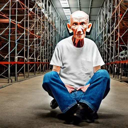 Image similar to incredibly detailed high quality studio portrait of an elderly alien being sitting in a cage in a warehouse