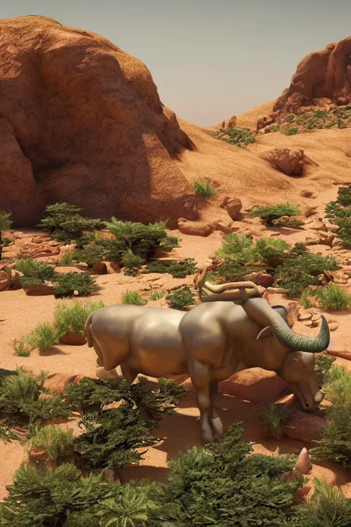 Prompt: an endless desert landscape with lush vegetation in the style of michelangelo with a stone statue of a bull placed in the middle of the foreground, raytracing, 8 k, octane render, volumetric, vivid, beautiful, hyperrealism