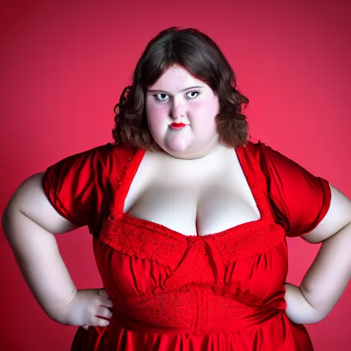 Prompt: photo europian beautiful fat women with simmetrical face dressed in a red dress dansing, anatomically correct, full shot, kodak, stufio lighting - h 7 0 4