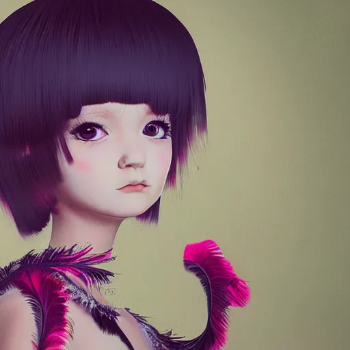 Image similar to little girl with an eccentric haircut wearing an dress made of feathers, artwork made by ilya kuvshinov and hirohiko araki