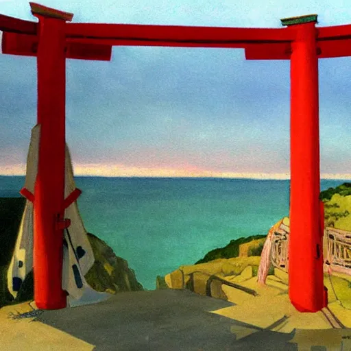 Prompt: a beautiful shinto shrine made with locally available materials and colors, standing atop the cliffs of dover, john watkiss painting