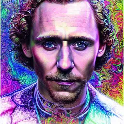 Image similar to portrait of tom hiddleston, hyper detailed masterpiece, neon floral pattern, jean giraud, digital art painting, darkwave goth aesthetic, psychedelic, artgerm, donato giancola and tom bagshaw