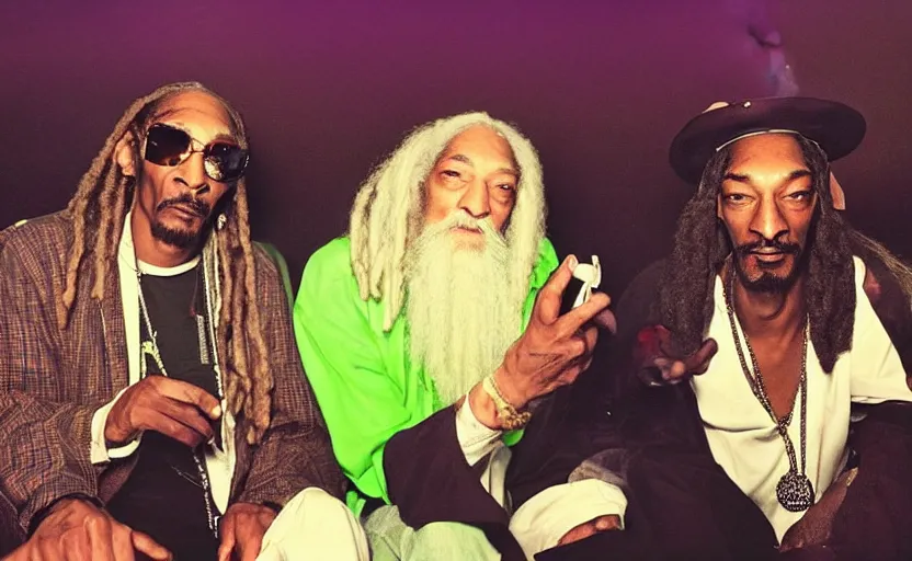 Image similar to a smartphone picture of stoned gandalf and snoop dogg smoking a joint sitting on a couch in a neon night club,