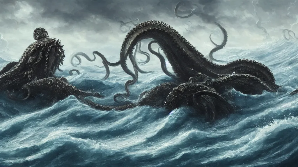 Prompt: A kraken rising out of a stormy sea, concept art, oil on canvas painting, 8k, highly detailed, artstation