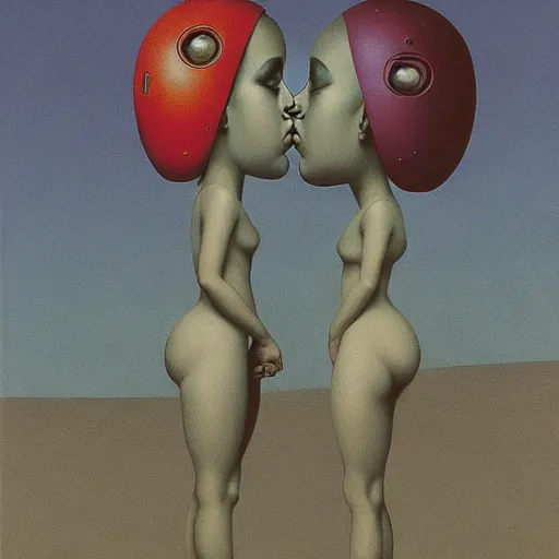 Prompt: portrait of an two girls kissing each other wearing astro helmet with tight black latex dress tight suit, Edward Hopper and James Gilleard, Zdzislaw Beksinski, Mark Ryden, Wolfgang Lettl highly detailed