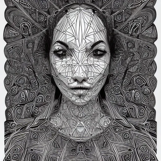 Prompt: Geometrically surreal Artificial Intelligent Faces, extremely high detail, photorealistic, intricate line drawings, dotart, album art in the style of James Jean