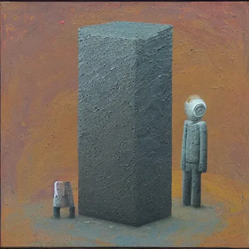 Image similar to an impasto painting by shaun tan and tadao ando of an abstract forgotten sculpture by the caretaker and ivan seal