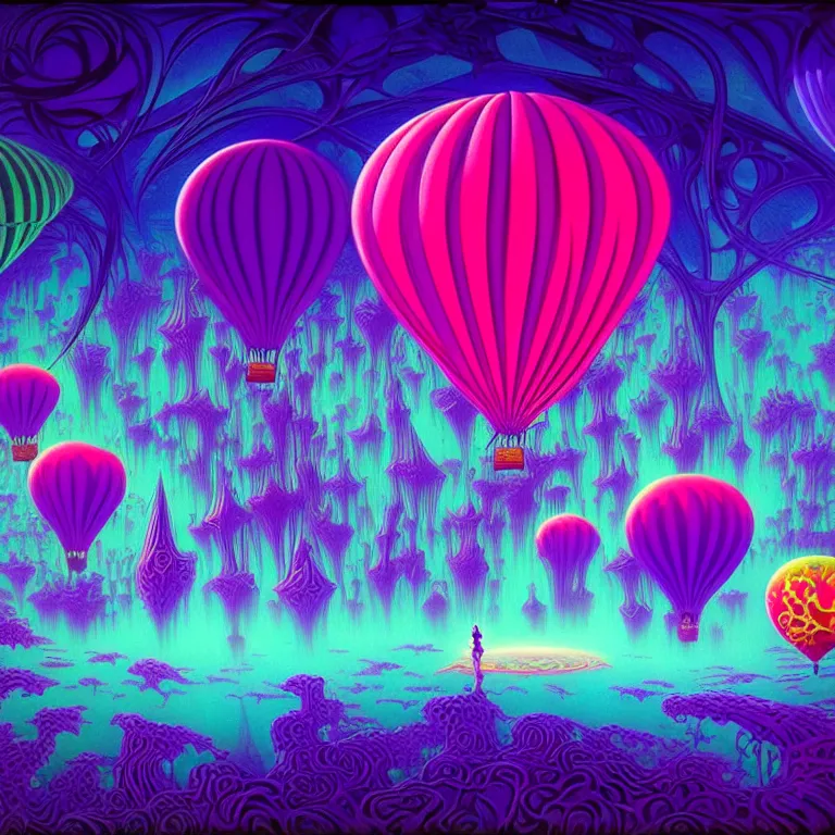 Image similar to mysterious balloons over mystical crystal temple, infinite fractal tesseract, quantum waves, synthwave, bright neon colors, highly detailed, cinematic, eyvind earle, tim white, philippe druillet, roger dean, ernst haeckel, lisa frank, aubrey beardsley, kubrick