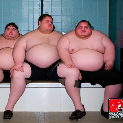 Image similar to five obese minnesotan men fighting to get into a small bathroom stall